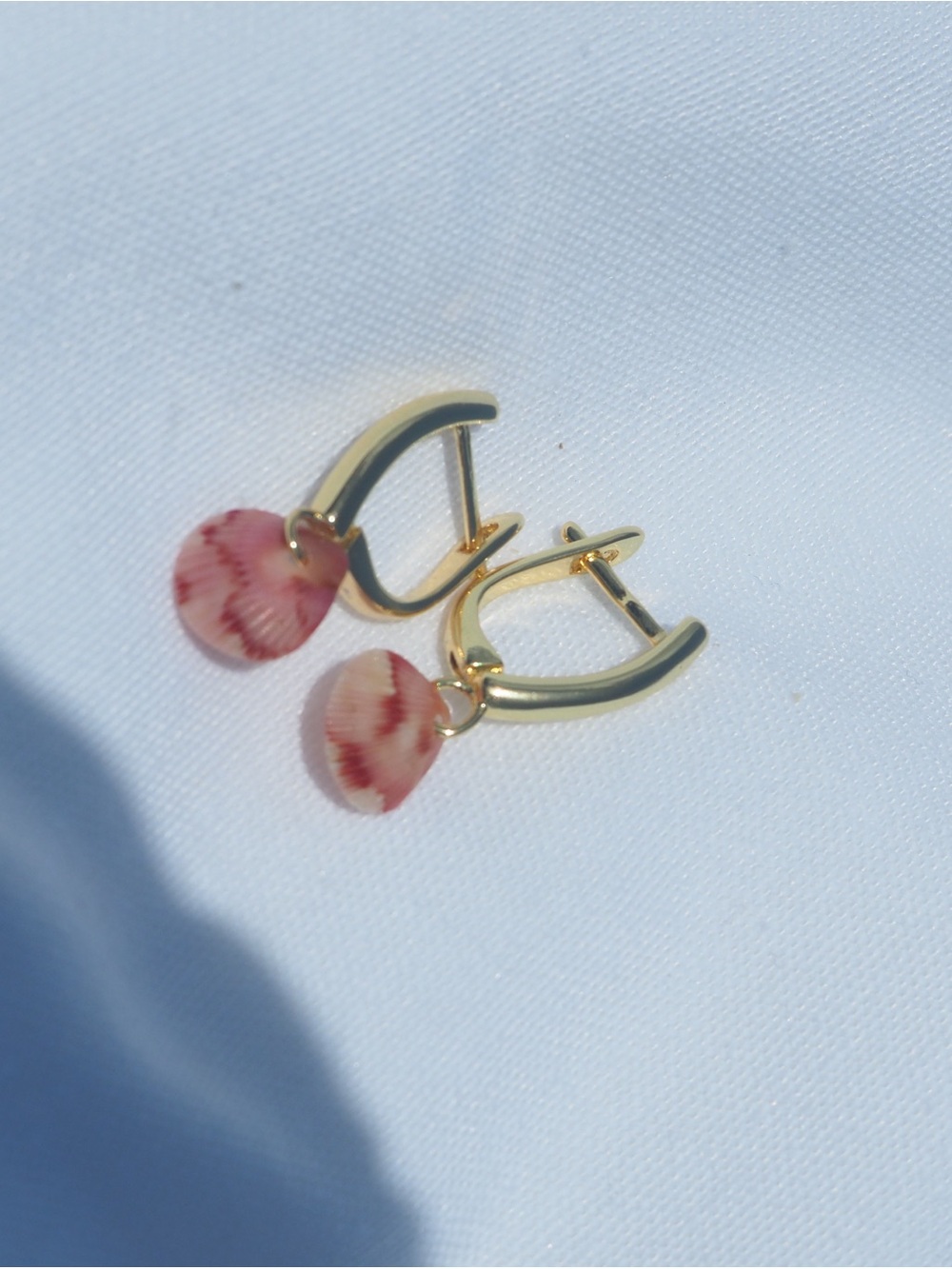 Gold Hoop Earrings with Pink Shell Drop